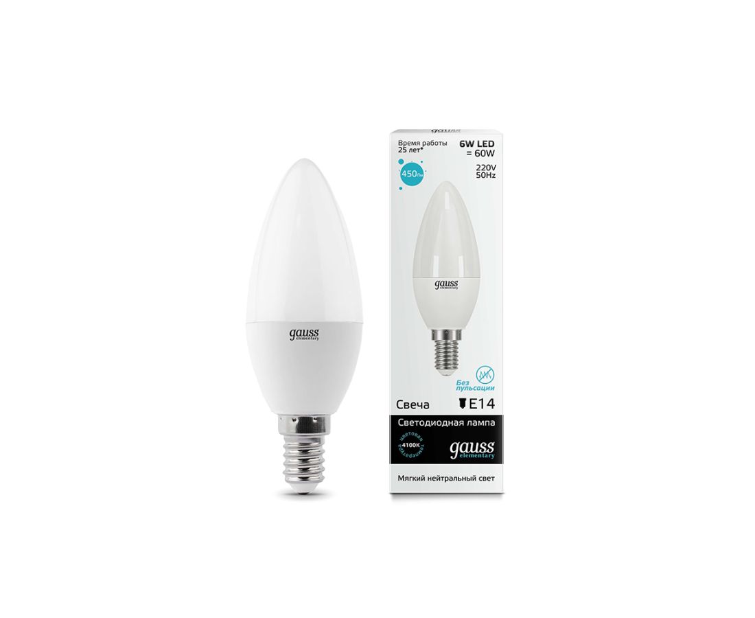 ლედ ნათურა Candle 6W E14 4100K gauss el - 33126 — ნათურა და ვაზნა